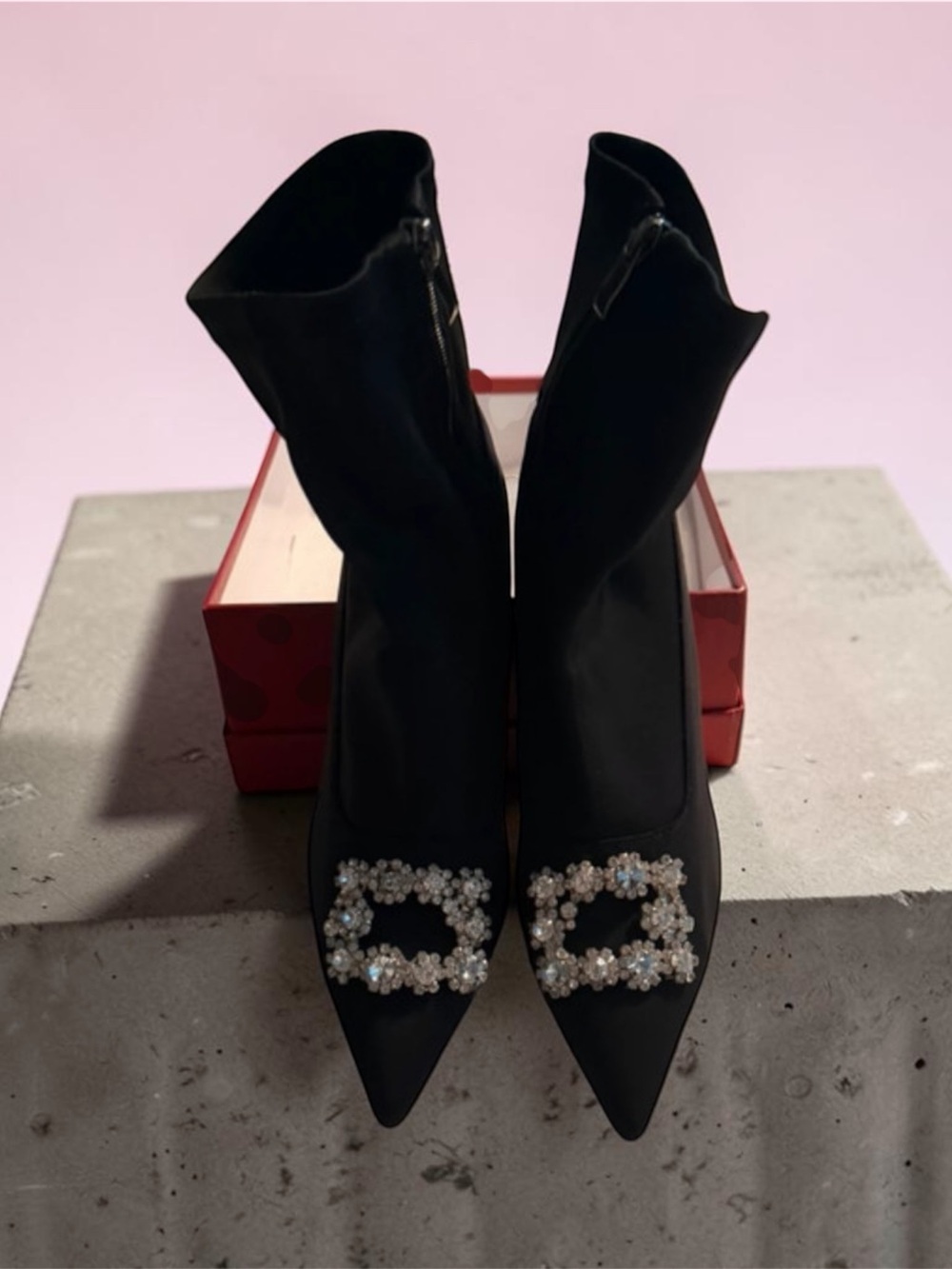 Black Rhinestone-Embellished Pointed Toe Ankle Booties